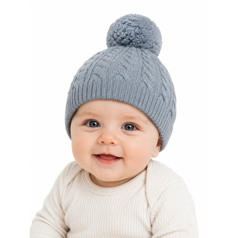 Nygb Two Kids Baby Light Blue Cable Knit Pom Pom Beanie Winter Hat 3-6m